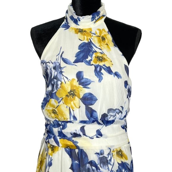 Enfocus Studio Dress Womens 10 Blue Yellow Sleeveless High Neck Floral Fit Flare - Picture 3 of 16